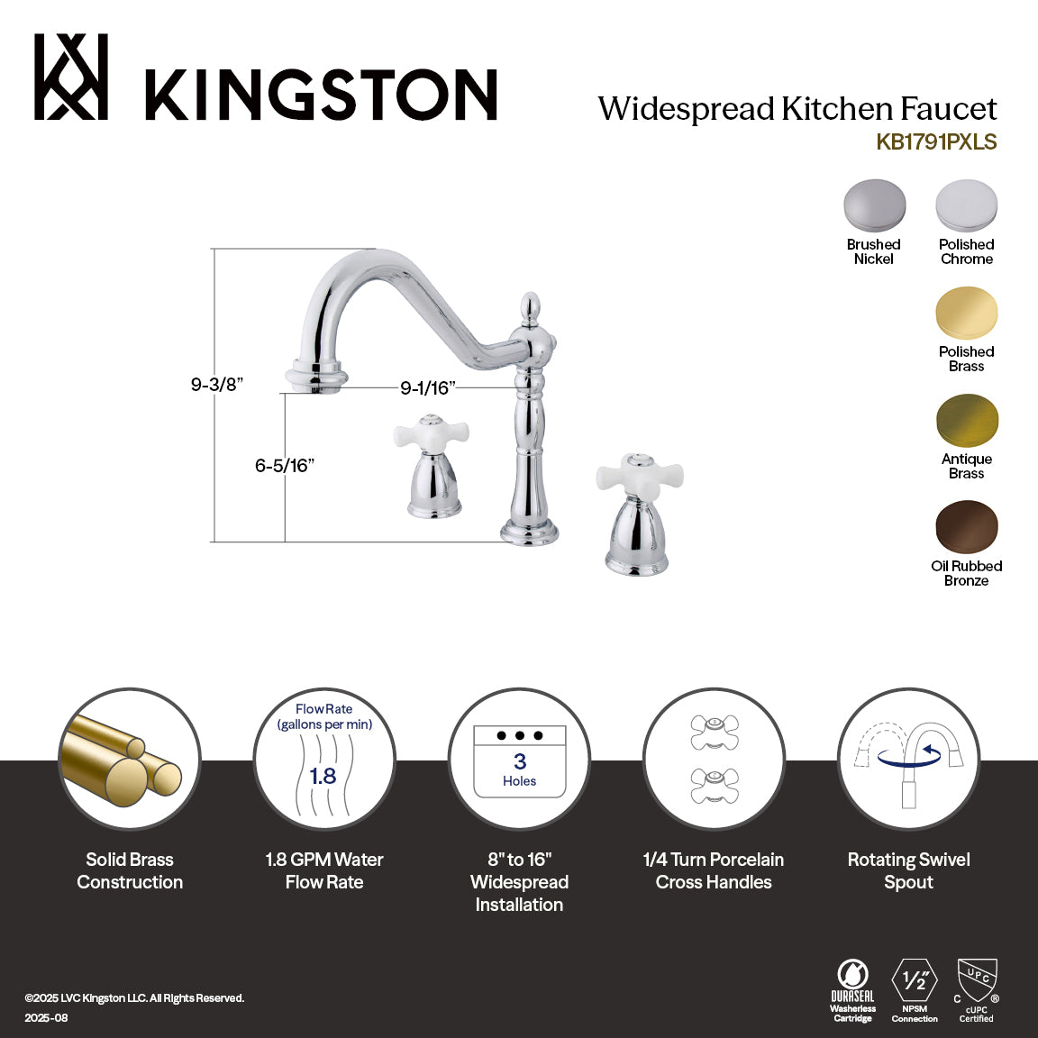 Kingston Heirloom KB1798PXLS - Heritage Double-Handle 3-Hole Widespread Kitchen Faucet, Brushed Nickel — thumbnail 2